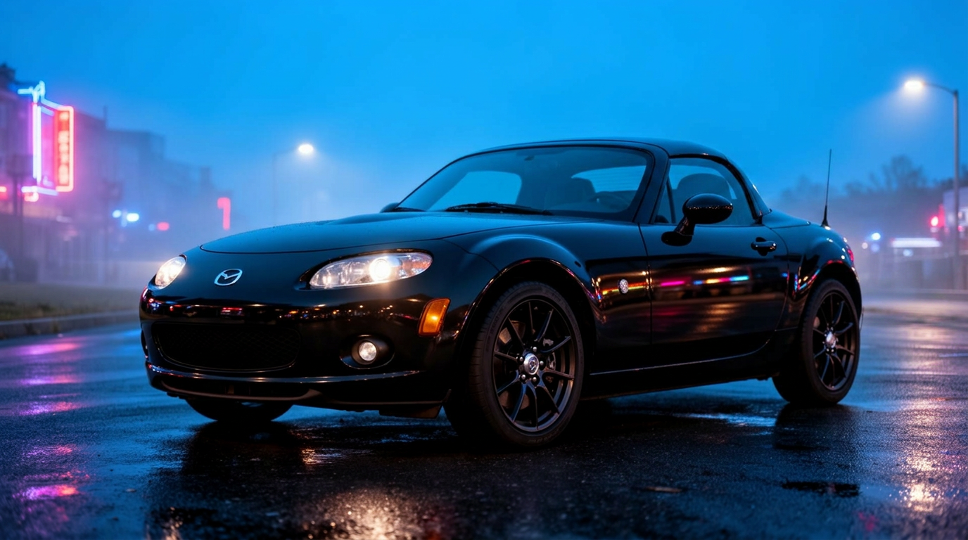 Sort Mazda MX-5 NC på våt asfalt i skumringen med neonreflekser
